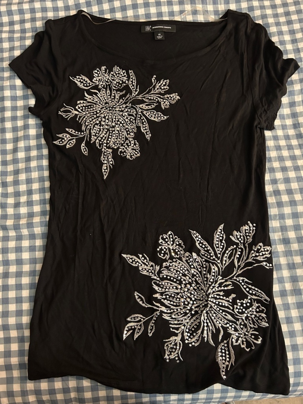 INC International Concepts Black Short Sleeve Tee with White Floral Embroidery
